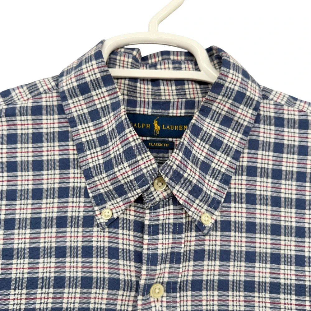 Polo Ralph Lauren Mens XL Classic Fit Plaid Button Down Shirt Navy Blue Cotton